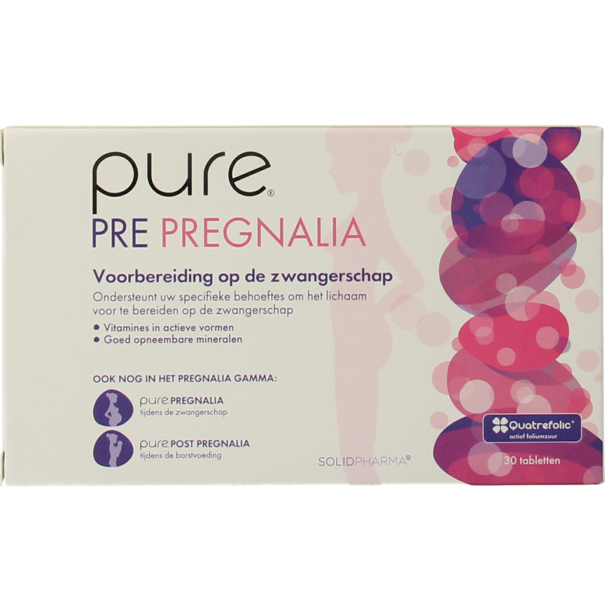 Pure Pre Pregnalia multivitamin tablets in a bottle, featuring small, round, colorful tablets designed for prenatal health.
