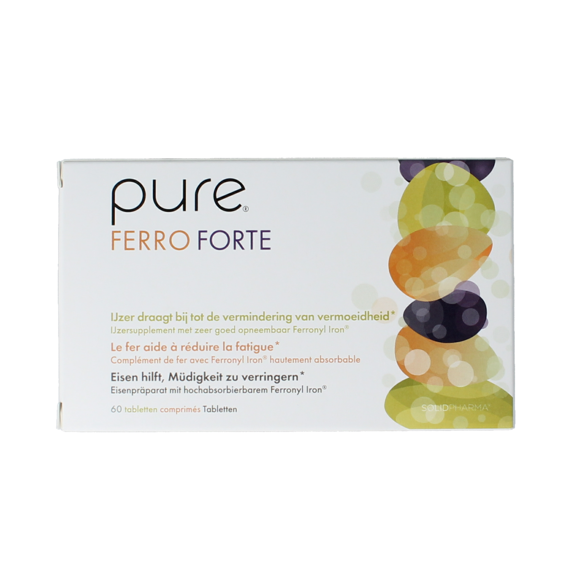Pure Ferro Forte mineral tablets in a blister pack, showing the white tablets used for iron supplementation.