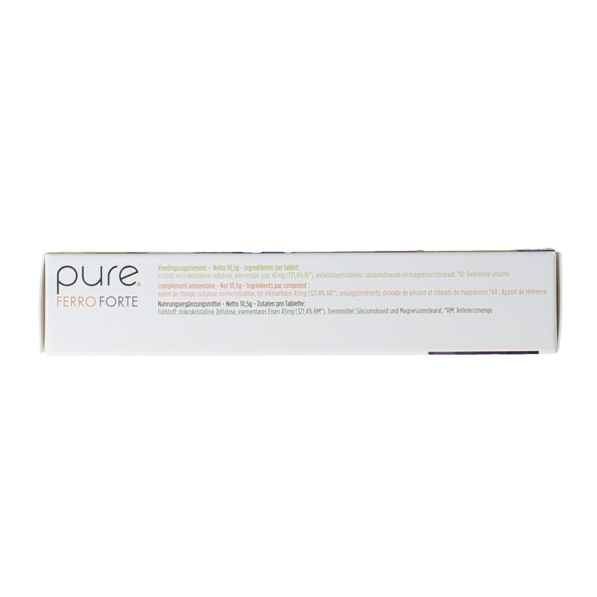 Pure Ferro Forte mineral tablets in a blister pack, showcasing 60 iron supplement tablets from the Pure brand.