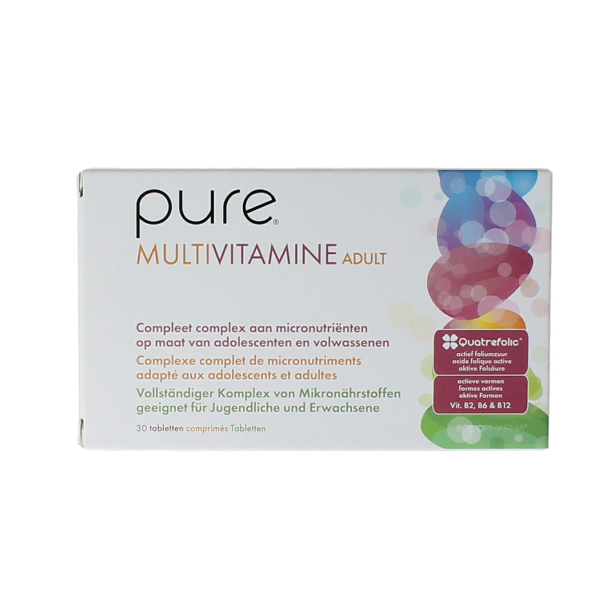 Pure Multivitamine adult tablets, showing a close-up of the bottle and tablets inside, for daily vitamin and mineral supplementation.