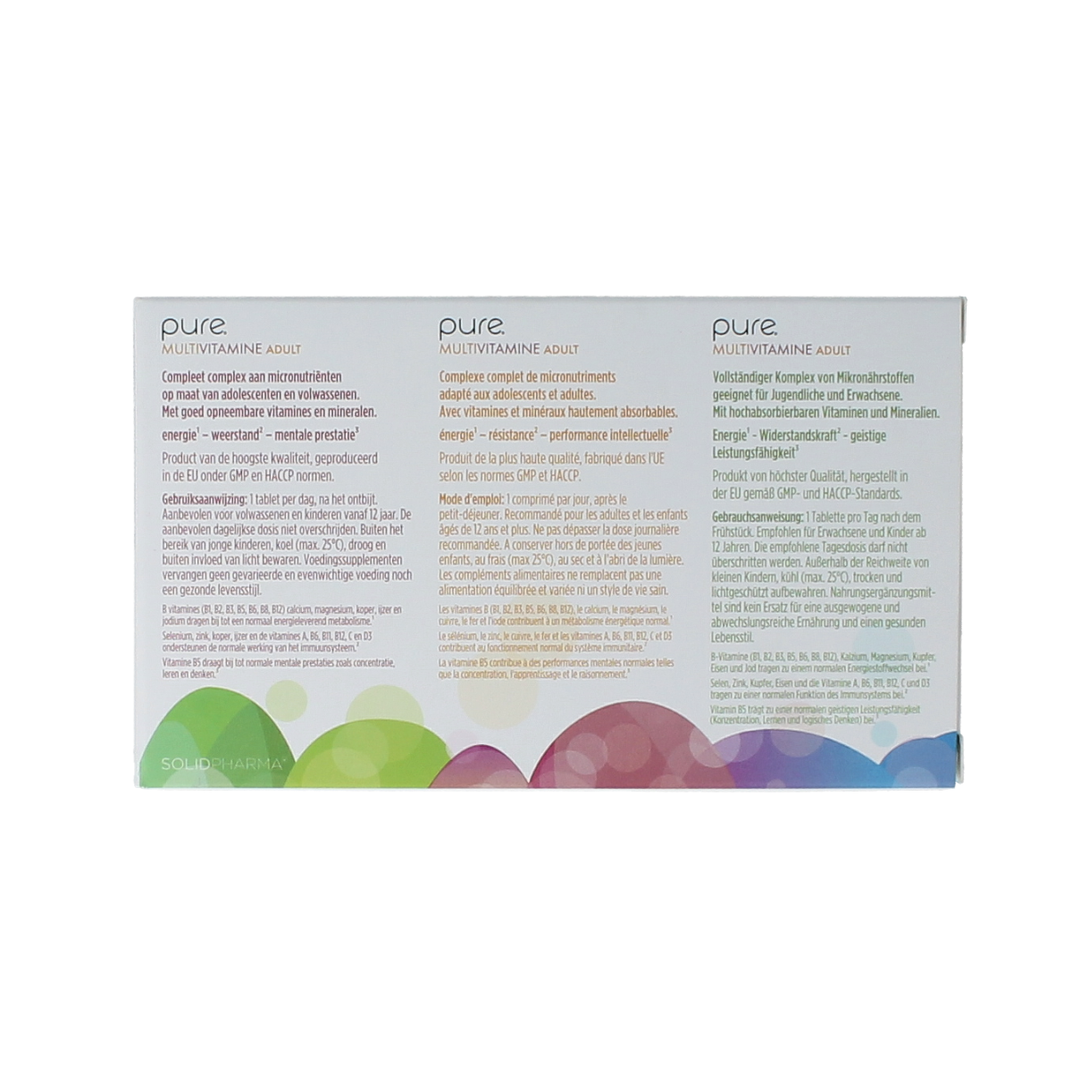 Pure Multivitamine adult supplement with 30 tablets, featuring a colorful bottle of daily multivitamin tablets for adults.