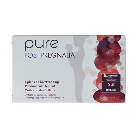 Pure Post Pregnalia supplement bottles showing 30 tablets and 30 softgels, dietary supplement for pregnancy health.