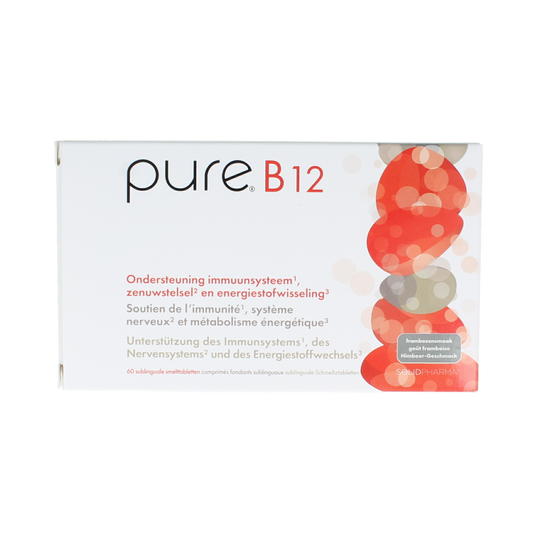 Pure B12 Vitamin Tablets bottle with 60 tablets, showing the label and product packaging.