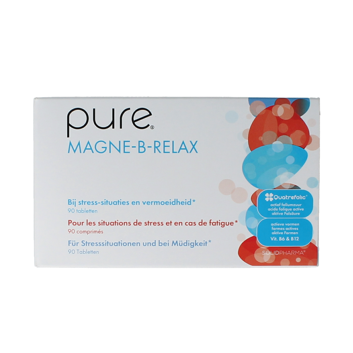 Pure Magne B relax mineral tablets in a bottle, showing the label and product packaging for mineral supplement.