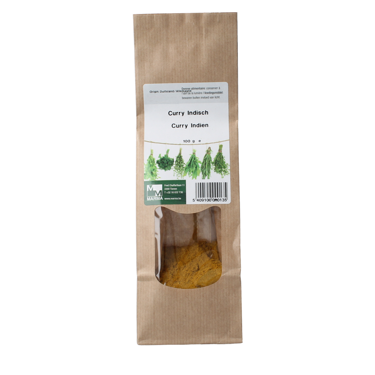 Marma Curry Indisch kruiden mix in a 100g package, featuring a blend of spices and salt for Indian-style meals.