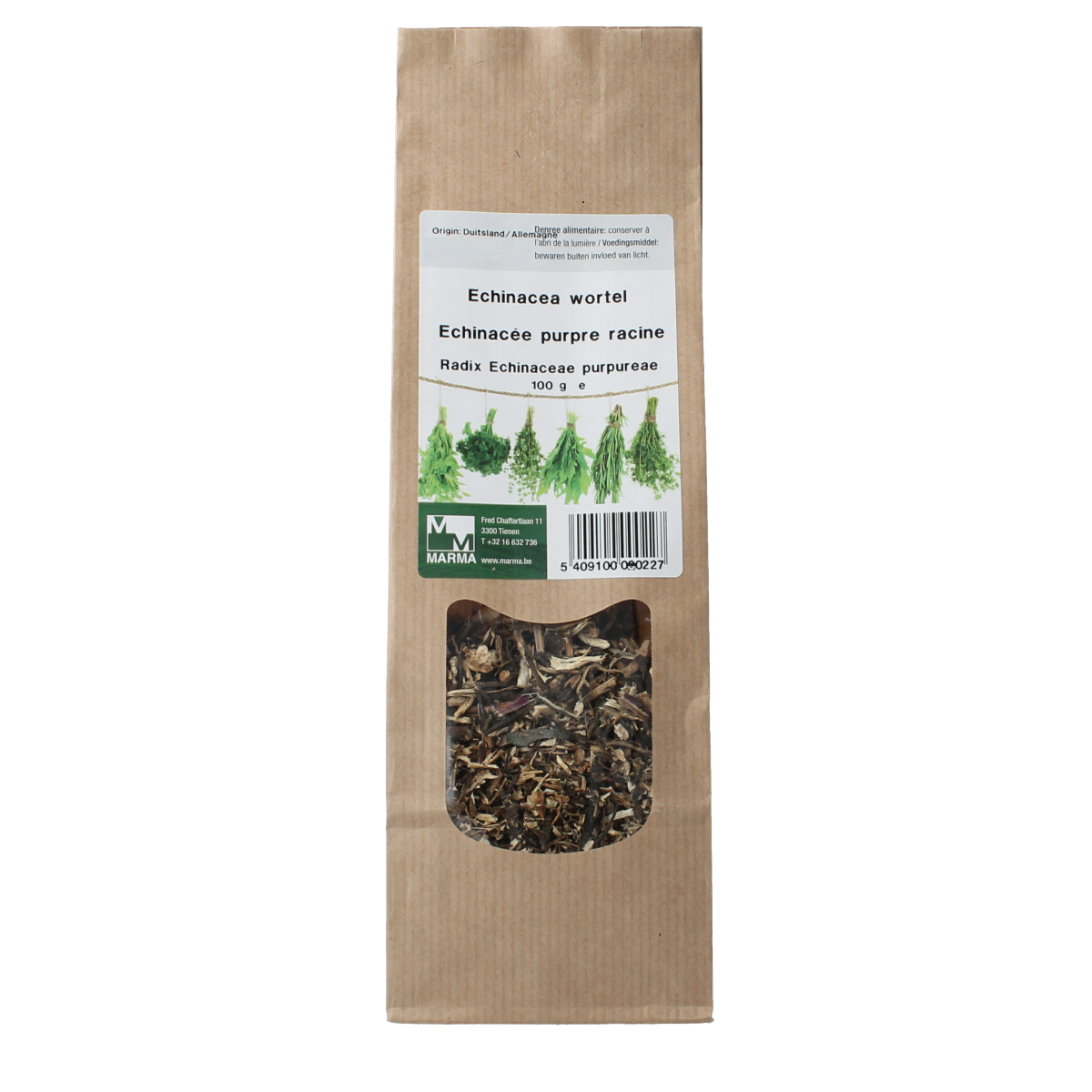 Marma Echinacea wortel in 100g package, herbal spice for cooking and health remedies, shown in a clear image.