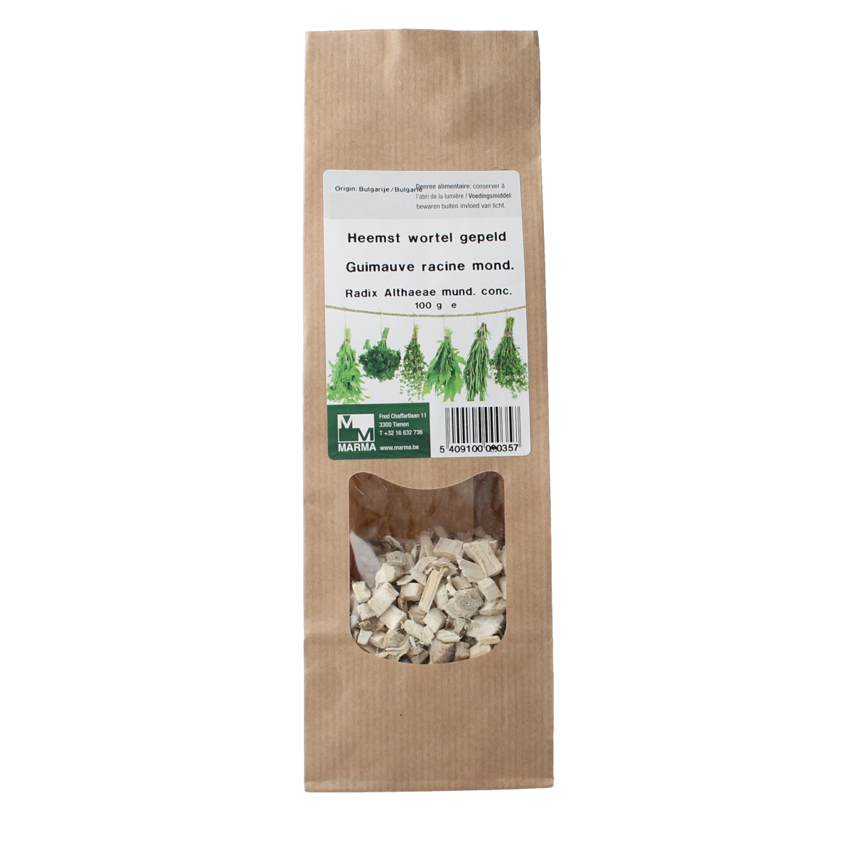 Marma gepelde Heemstwortel kruiden in 100g verpakking, part of Marma's zout en maaltijdmixen assortiment.
