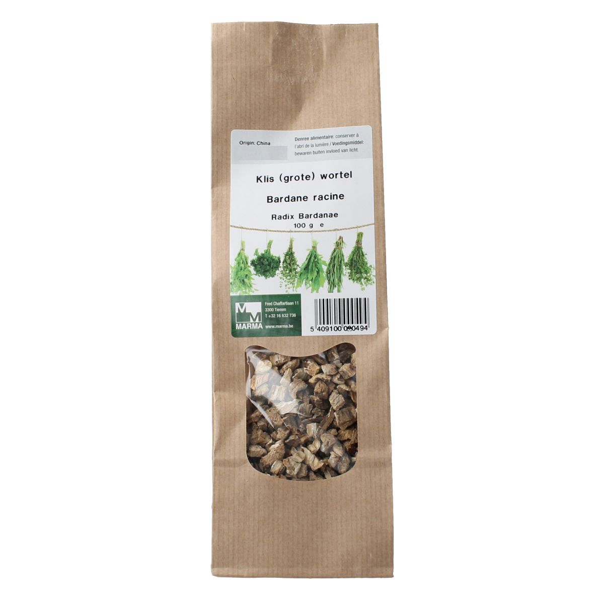 Marma Klis grote wortel kruiden, 100g, in een glazen pot met verse gedroogde wortelstukjes voor koken en kruiden.