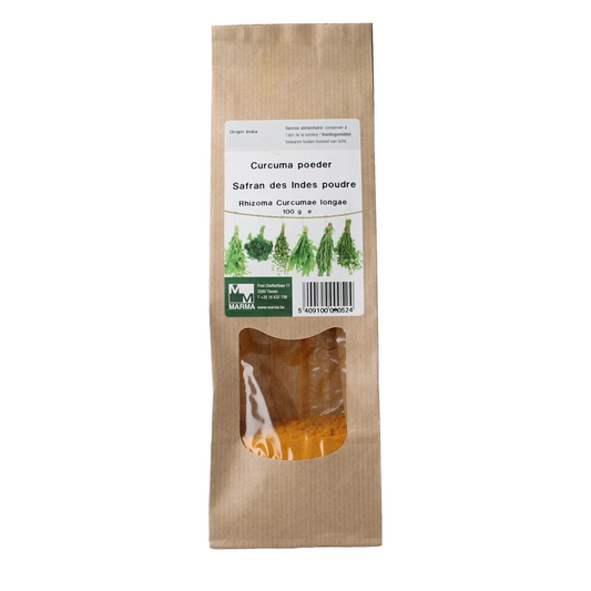 Marma Curcuma powder in a 100g package, a turmeric spice used in herbs, salts, and meal mixes for cooking and flavoring.