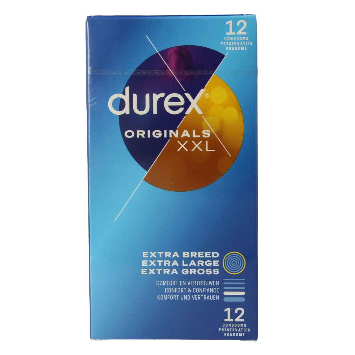 Durex XXL condoms pack with 12 latex condoms, showing the product packaging and branding on the box.