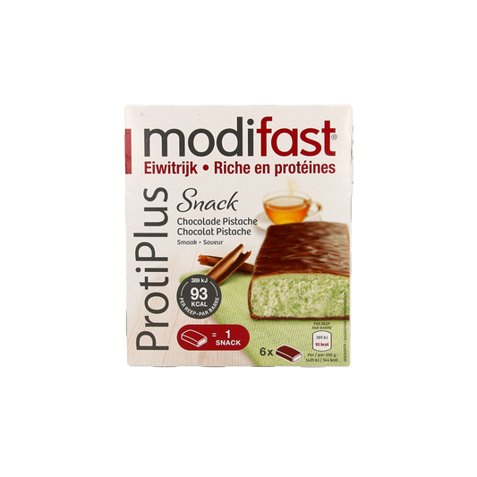 Modifast Proteine Shape Bar Pistachio, a 162g meal replacement bar with pistachio flavor, shown with the packaging and bar visible.