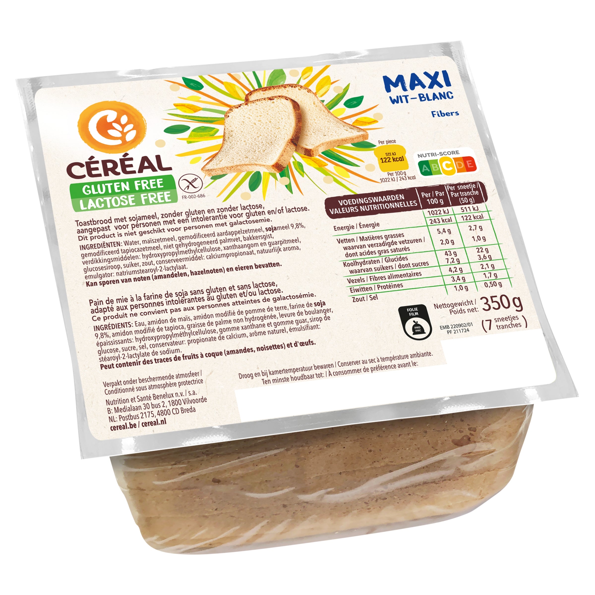 Cereal Maxi wit brood, gluten- en lactosevrij, 350 gram, verpakking afgebeeld
