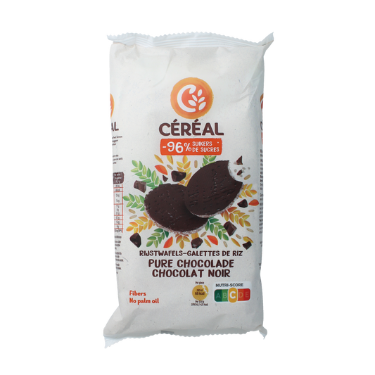 Cereal pure chocolate rice cakes in 130g pack, crispy crackers with chocolate flavor, from Cereal brand.