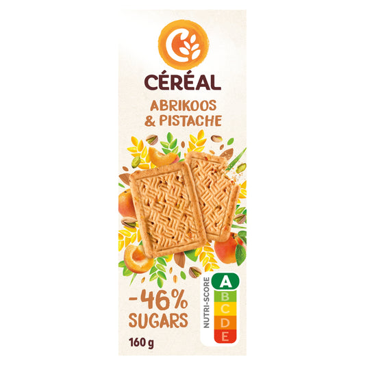 Cereal brand cereal koeken with apricot and pistachio flavor, 160g, featuring golden-brown cookies with visible apricot and pistachio pieces.