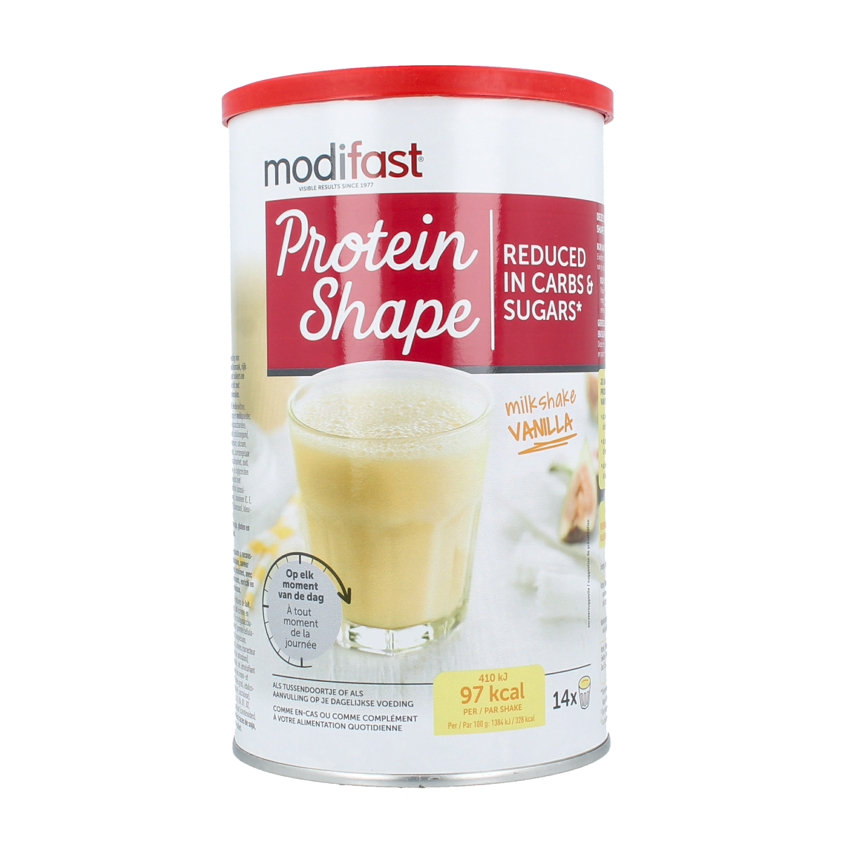 Modifast Proteine Shape vanilla milkshake in 420g container, creamy vanilla dessert powder with protein for meal replacement.
