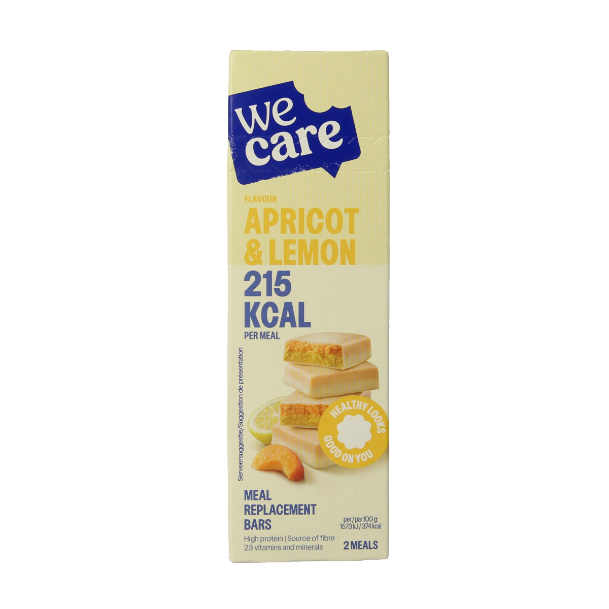 WeCare apricot and lemon meal replacement snack bar, 116g, showing the rectangular bar with apricot and lemon flavor pieces
