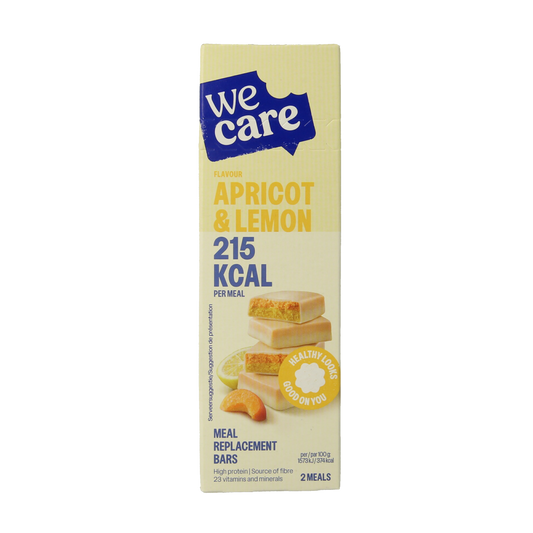 WeCare apricot and lemon meal replacement snack bar, 116g, showing the rectangular bar with apricot and lemon flavor pieces