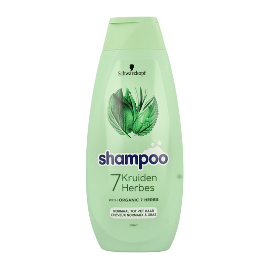 Schwarzkopf 7 kruiden shampoo in a 400ml bottle, featuring herbal hair care ingredients for healthy, nourished hair.