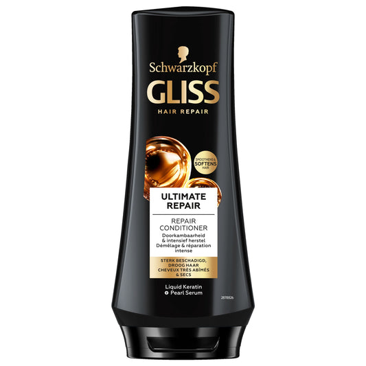 Gliss Kur Ultimate Repair conditioner for hair, 200ml bottle, smooths and strengthens damaged hair.