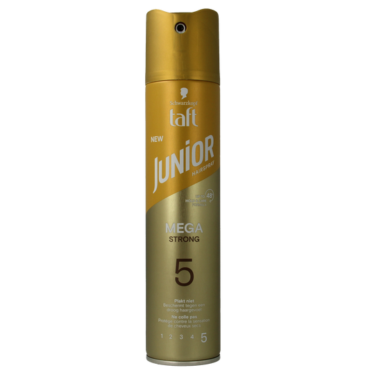 Junior hairspray mega strong 250ml bottle, hair styling product with a spray nozzle, designed for powerful hold and styling.