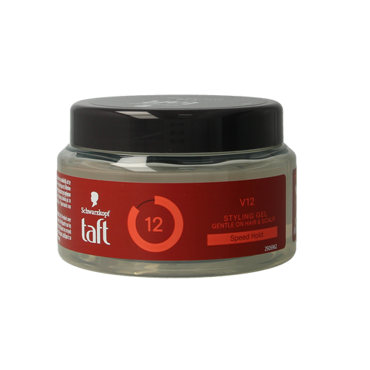 Taft Maxx Power Gel pot, 250ml, hair styling gel in a clear plastic container with a blue cap, labeled with product details.