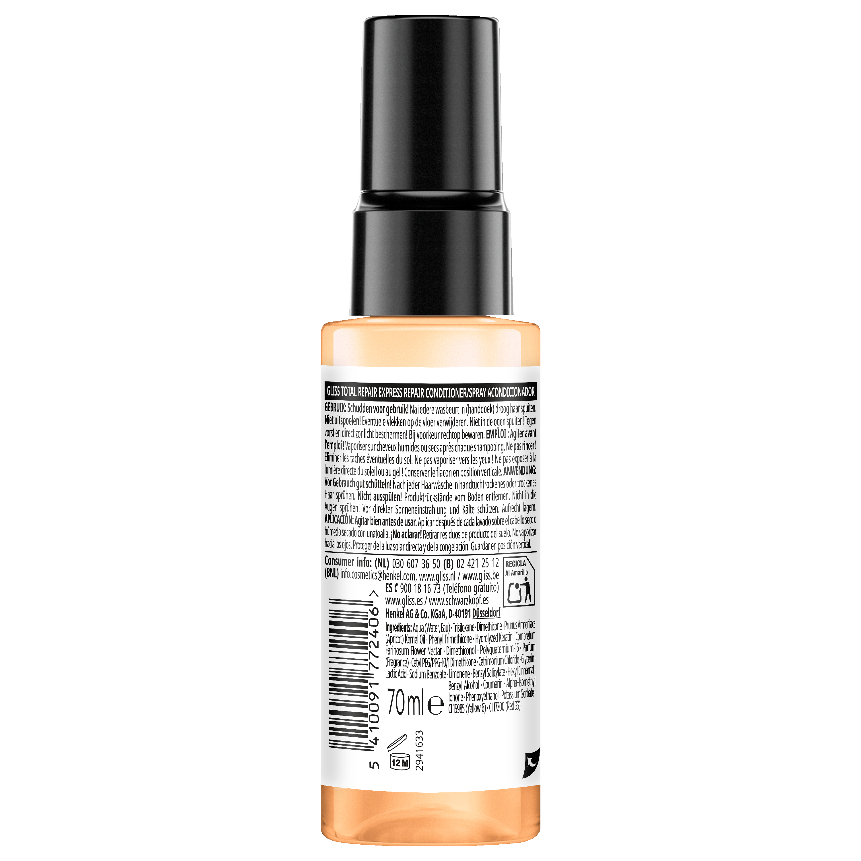 Gliss Kur Anti-klit spray total repair mini bottle, 70ml, for damaged hair, hair care product with spray nozzle.