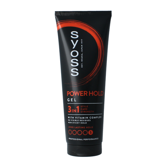 Syoss Men Power Hold Gel extra strong 250ml for hair styling, featuring clear gel texture in a tube with a black cap.