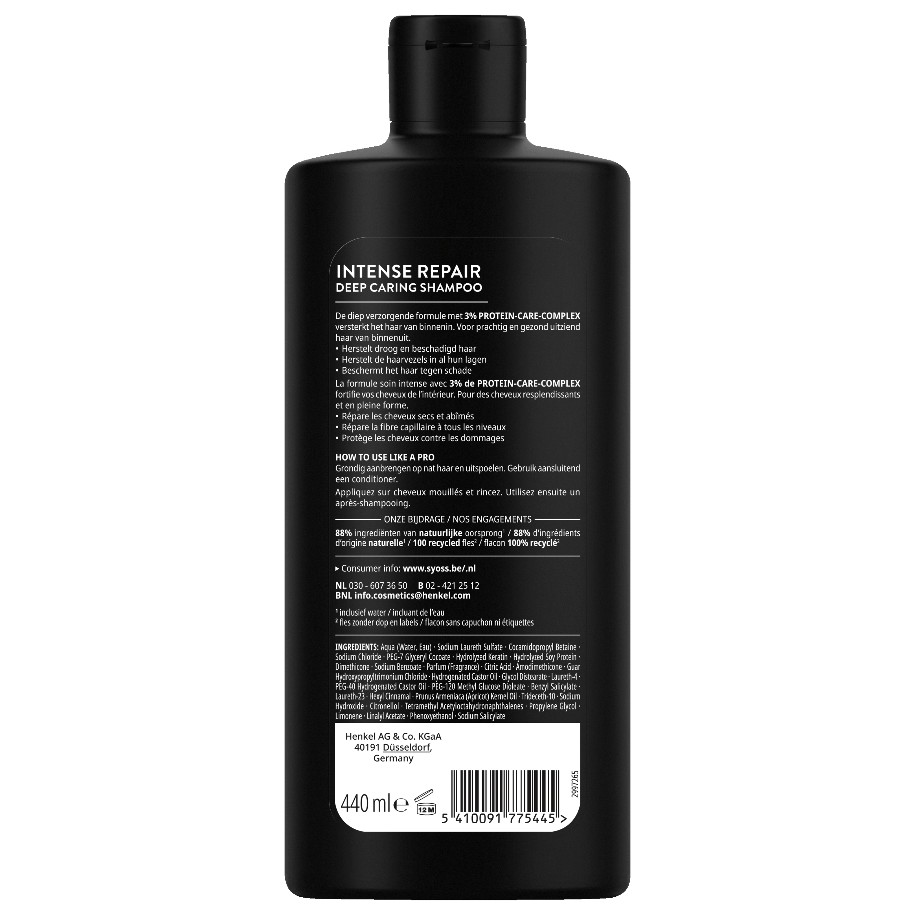 Syoss Repair Shampoo 440ml for damaged hair, featuring nourishing formula and easy-to-use bottle.