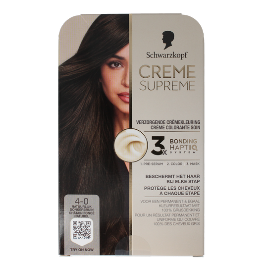 Schwarzkopf Creme Supreme 4-0 donker bruin hair dye tube for at-home hair coloring, shown in the image.