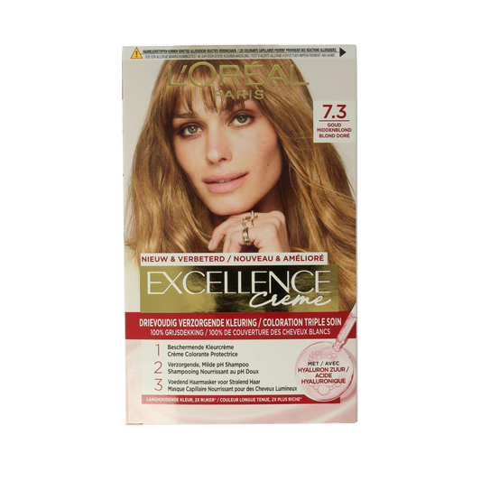 Excellence Excellence creme 7.3 goudblond hair coloring kit with developer, featuring golden blonde shade in set packaging.