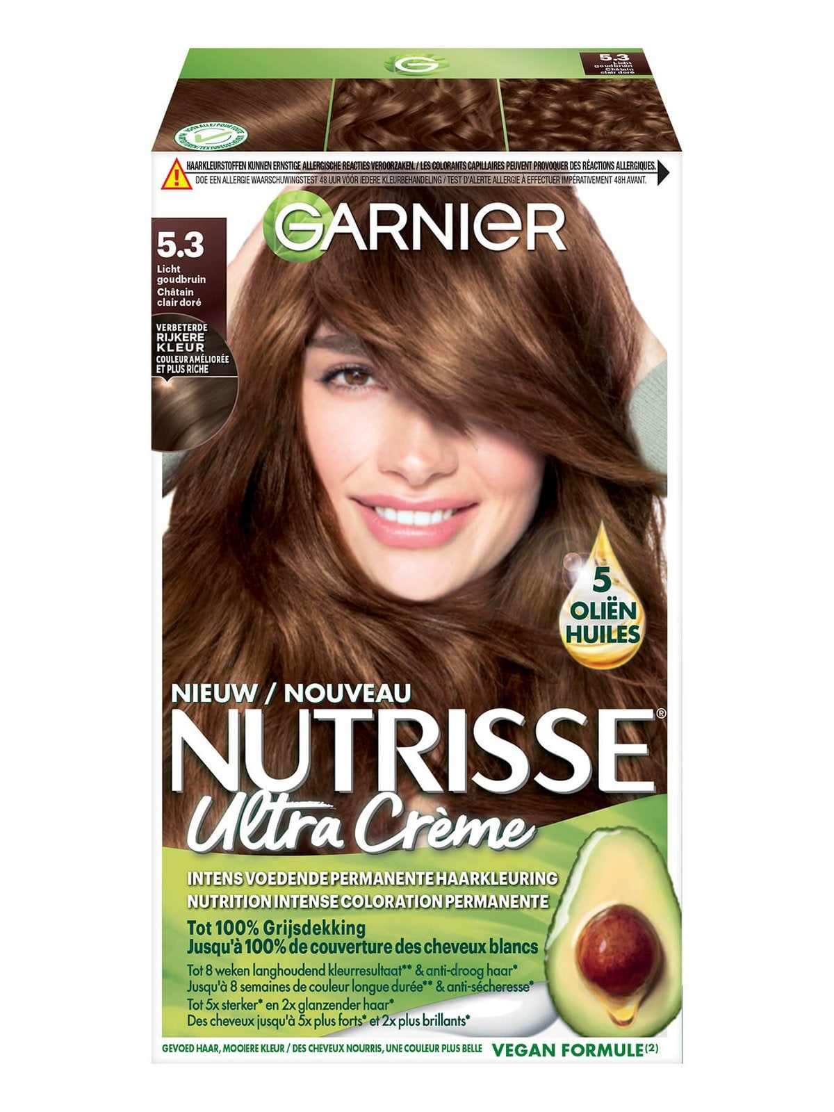 Nutrisse Nutrisse 53 Noisette hair coloring set with hair dye, gloves, and instructions for brunette hair coloring.