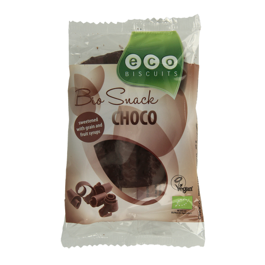 Eco Biscuit Chocobiscuit bio, 45g, showing a stack of chocolate-filled organic biscuits on a white background.