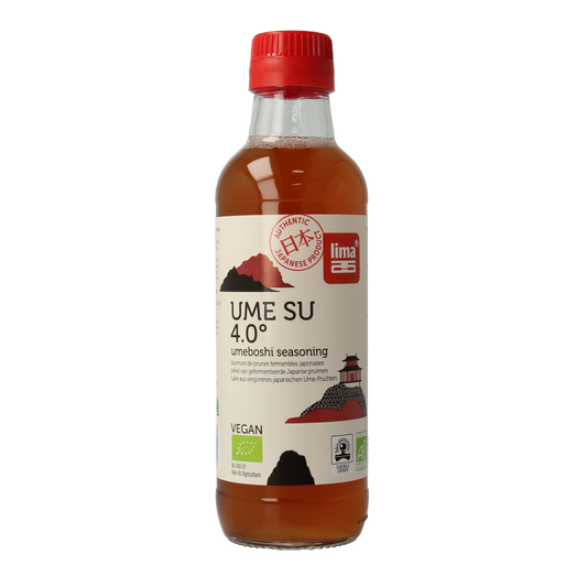 Lima Ume plum vinegar in a 250ml bottle, organic sauce and flavor enhancer, with a clear label and dark liquid inside.
