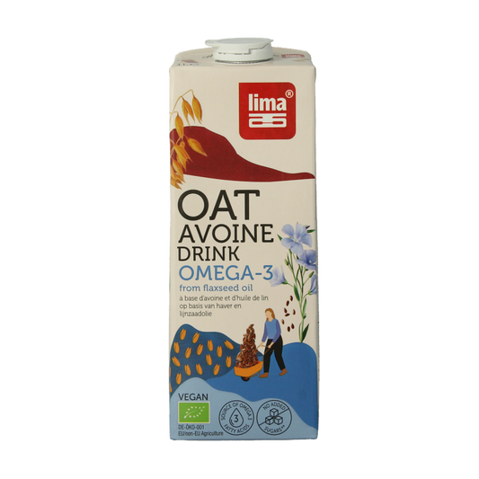 Lima Oat Omega 3 bio drink in a 1-liter bottle, natural oat-based beverage rich in omega-3 fatty acids.