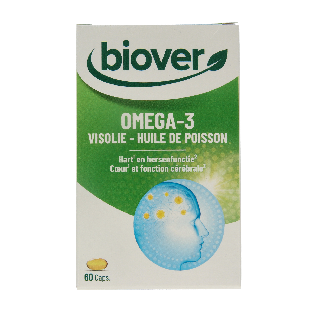 Biover Omega 3 capsules, dietary Vetzuren supplement, showing a bottle of 60 capsules with label details.