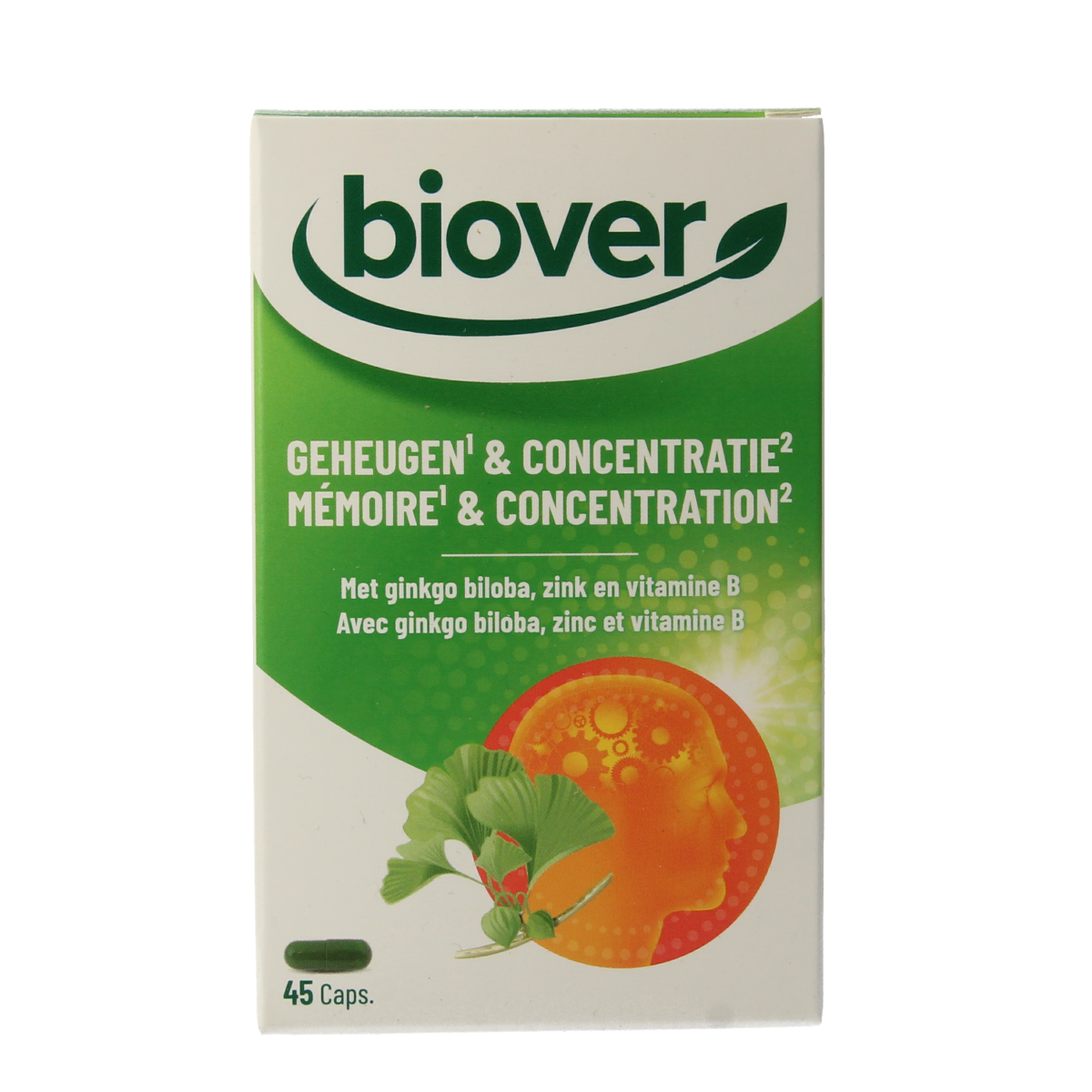 Biover Geheugen & Concentratie herbal capsules in a bottle, natural herbal supplement for memory and focus.