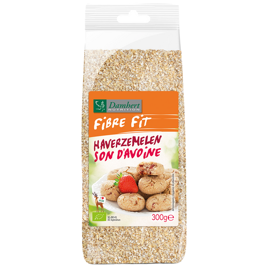 Damhert Fibre Fit haverzemelen bio ontbijtgranen in 300g package, close-up of the organic cereal grains.