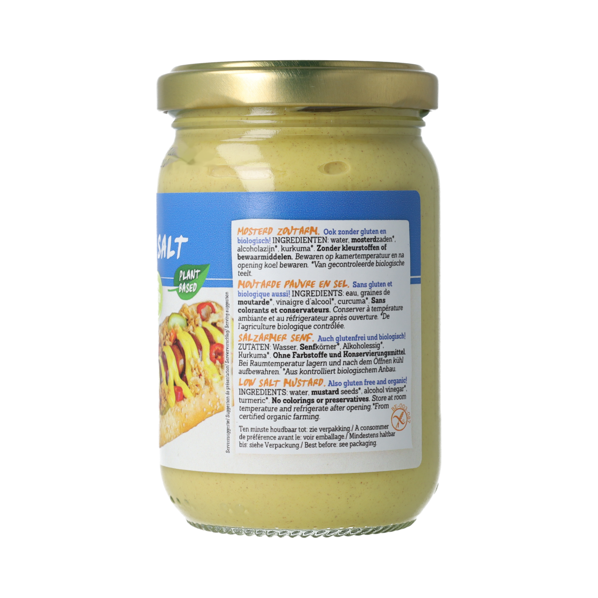 Damhert natriumarme, glutenvrije biologische mosterd sauzen en smaakmakers in 200g jar with yellow and brown label