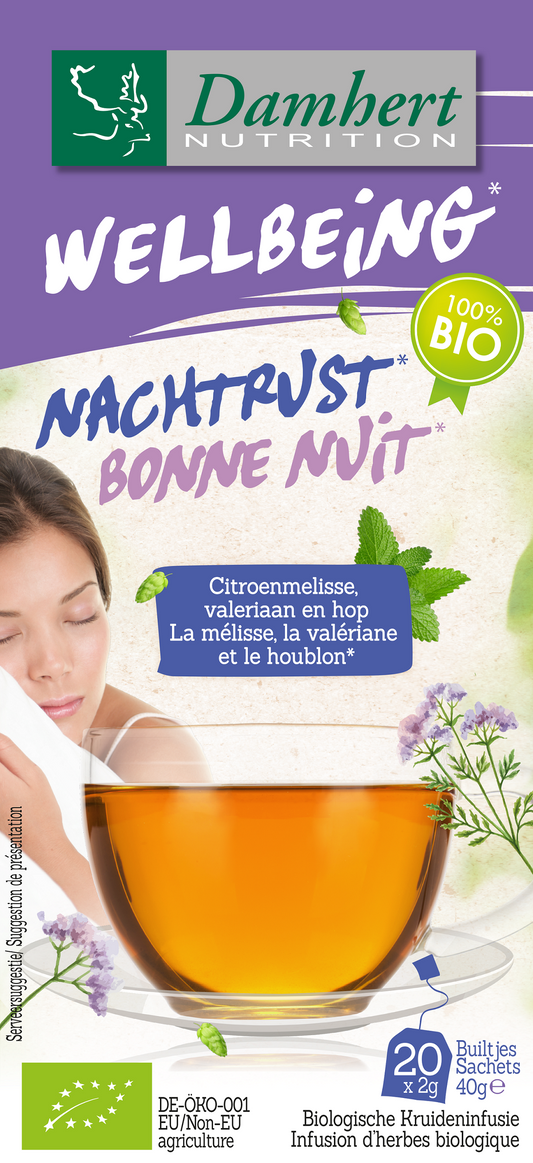 Damhert Tea Time Goede Nachtrust Bio thee in 20 herbal tea bags, calming herbal blend for better sleep, natural and organic.