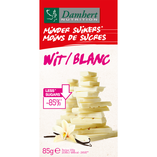 Damhert chocolate tablet with reduced sugars, 85 grams, showing the chocolate bar with packaging and branding.