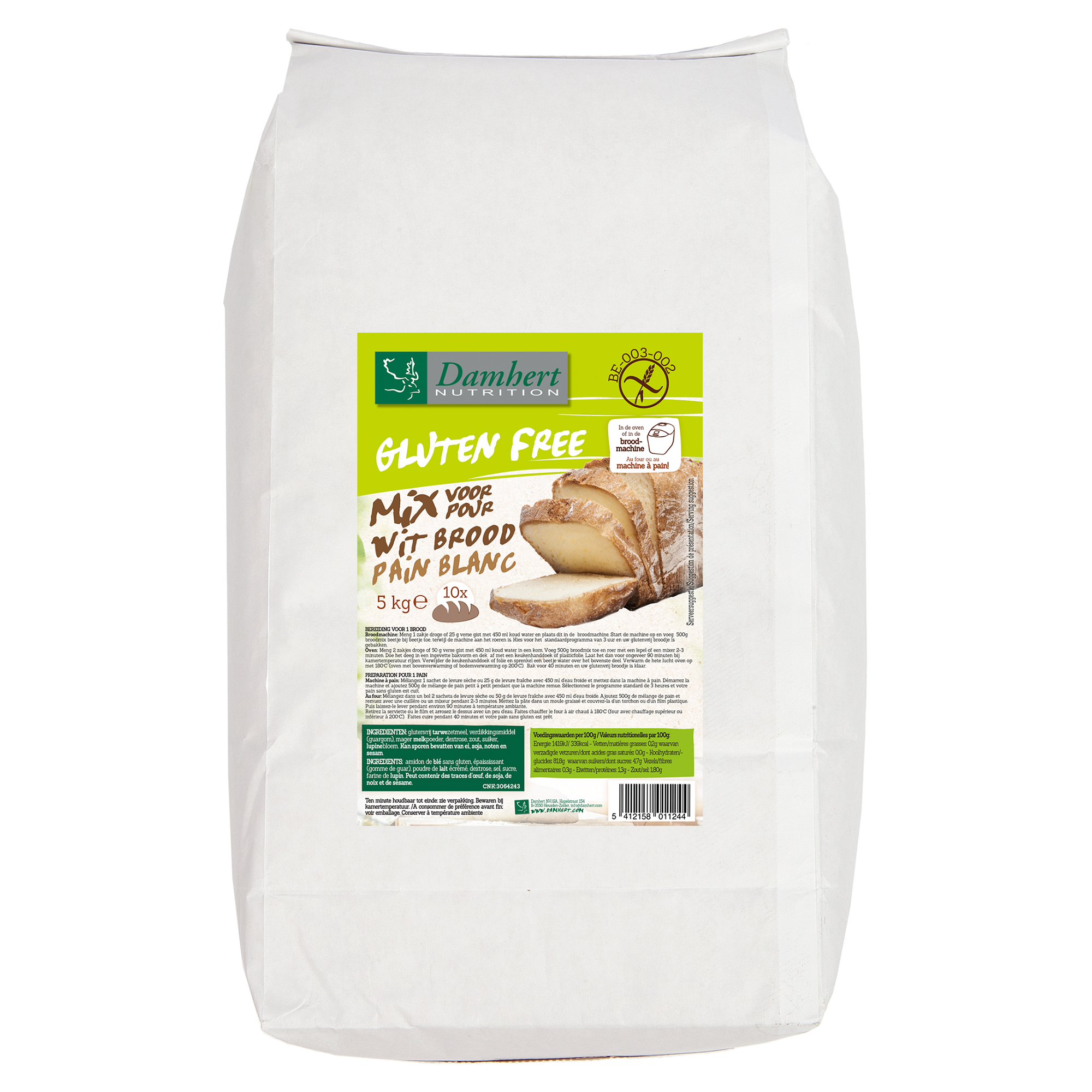 Damhert gluten-free white bread mix in a 5 kg bag, suitable for baking gluten-free bread and baked goods.