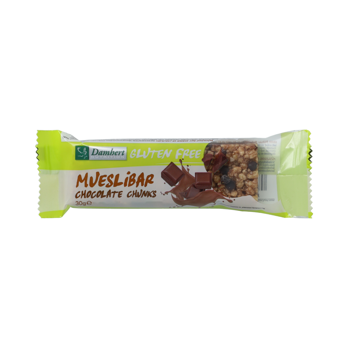 Damhert gluten-free chocolate muesli bar snack in 30g package, with visible chocolate pieces and muesli texture.