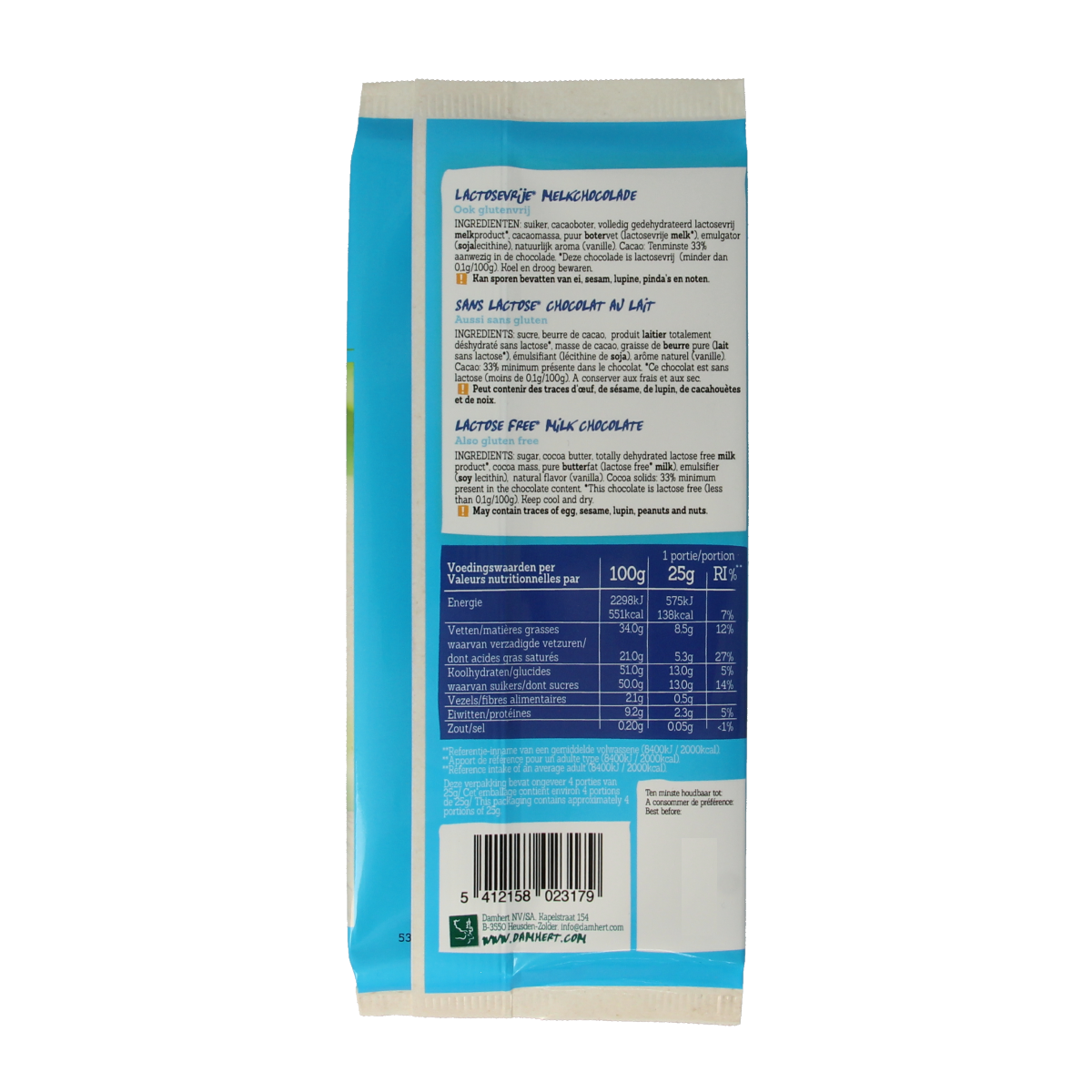 Damhert Chocoladetablet melk glutenvrij en lactosevrij 100.00 Gram