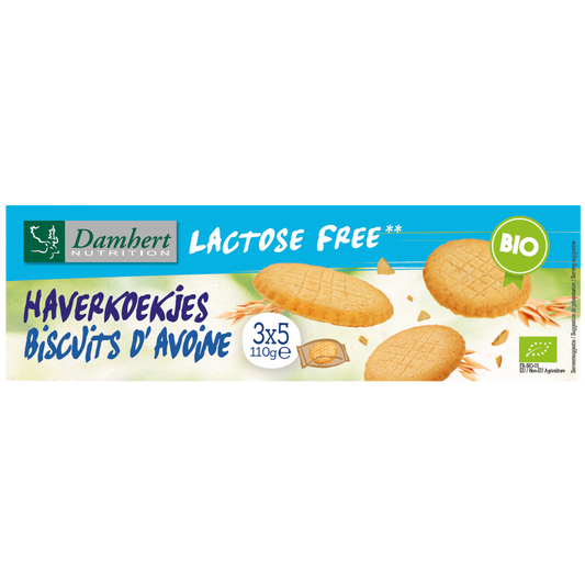 Damhert organic lactose-free oat cookies in a 110g package, showing golden-brown oat cookies on the packaging.
