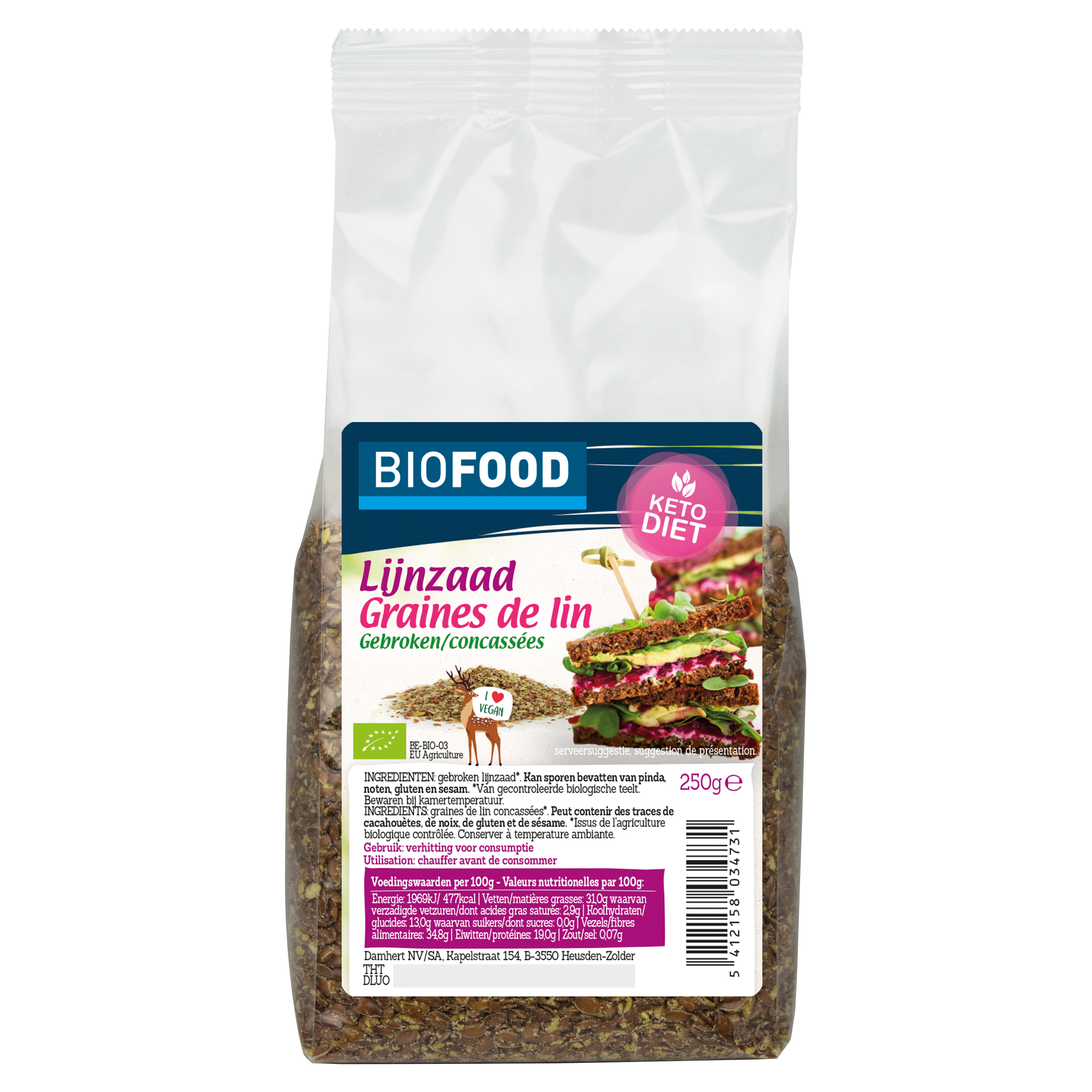 Damhert Lijnzaad gebroken bio 250.00 Gram