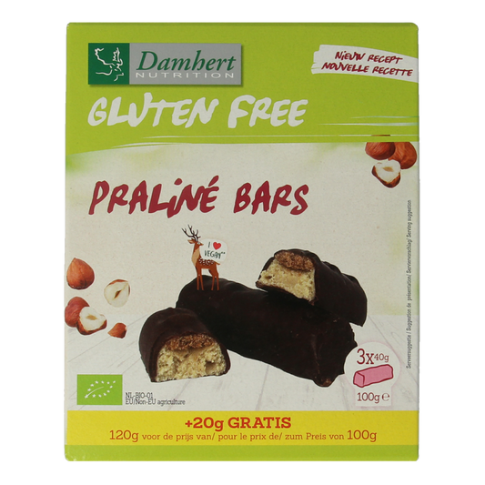 Damhert gluten-free organic chocolate praline pen with 120g, showing a close-up of the chocolate treat in its packaging.