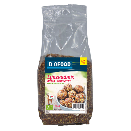 Biofood Lijnzaadmix pitten cranberry bio, 250g, raw superfood mix with flaxseeds, cranberries, and superfood ingredients.
