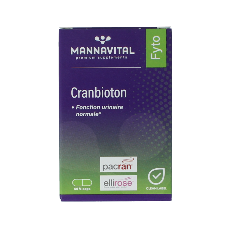 Mannavital Cranbioton 60 capsules herbal supplement with capsules displayed in a bottle for supporting urinary health.
