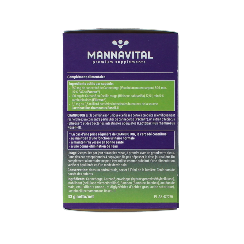 Mannavital Cranbioton 60 capsules herbal supplement bottle with label showing product details and branding.