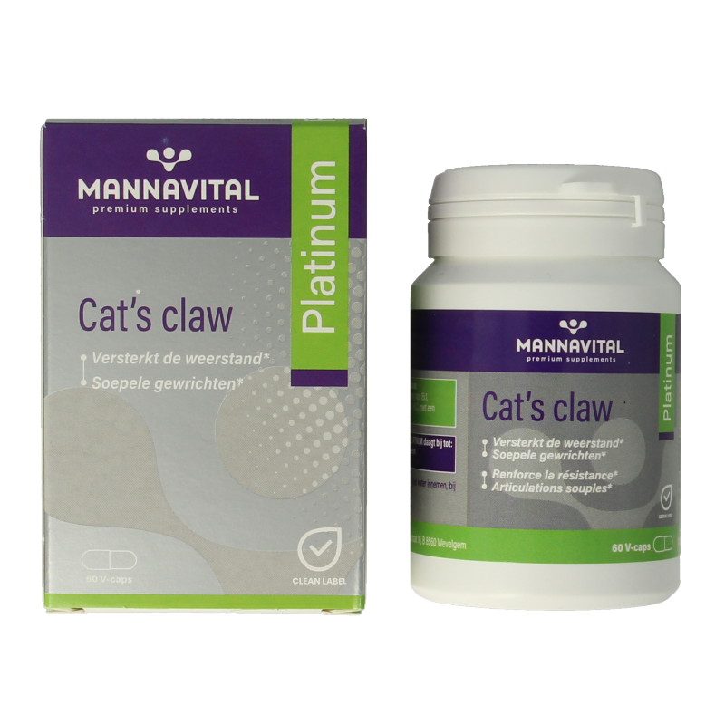 Mannavital Cat's Claw Platinum 60 capsules, herbal supplement in a white bottle with label, for natural wellness support.